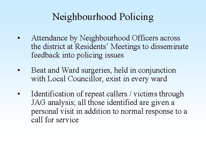Neighbourhood Policing • Attendance by Neighbourhood Officers across the district at Residents’ Meetings to