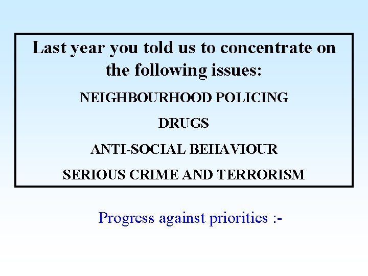 Last year you told us to concentrate on the following issues: NEIGHBOURHOOD POLICING DRUGS