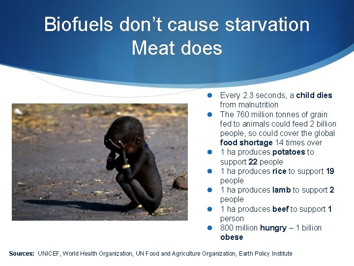 Biofuels don’t cause starvation Meat does Every 2. 3 seconds, a child dies from