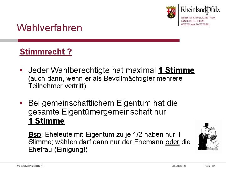 Wahlverfahren Stimmrecht ? • Jeder Wahlberechtigte hat maximal 1 Stimme (auch dann, wenn er