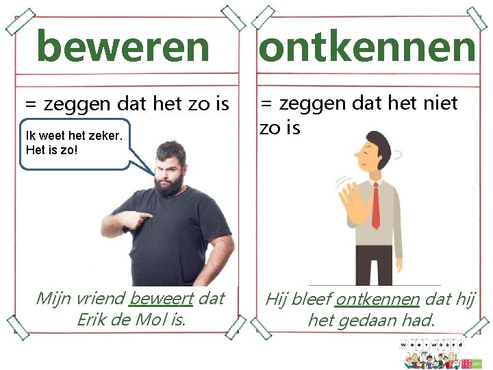 beweren = zeggen dat het zo is Ik weet het zeker. Het is zo!