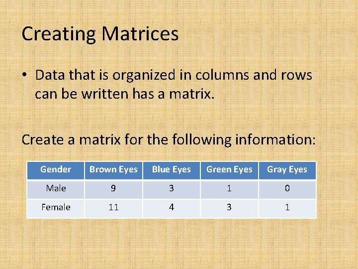 Creating Matrices • Data that is organized in columns and rows can be written