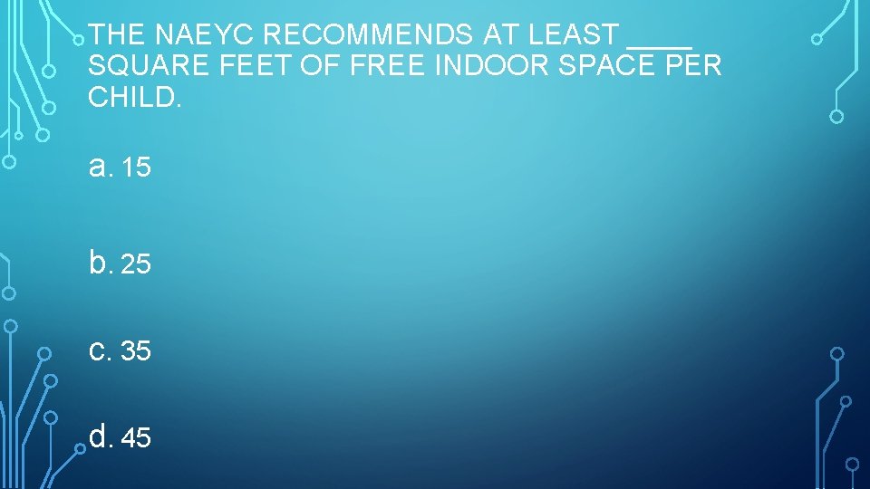 THE NAEYC RECOMMENDS AT LEAST ____ SQUARE FEET OF FREE INDOOR SPACE PER CHILD.
