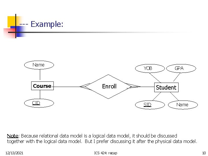 --- Example: Name Course YOB Enroll CID GPA Student SID Name Note: Because relational --- Example: Name Course YOB Enroll CID GPA Student SID Name Note: Because relational