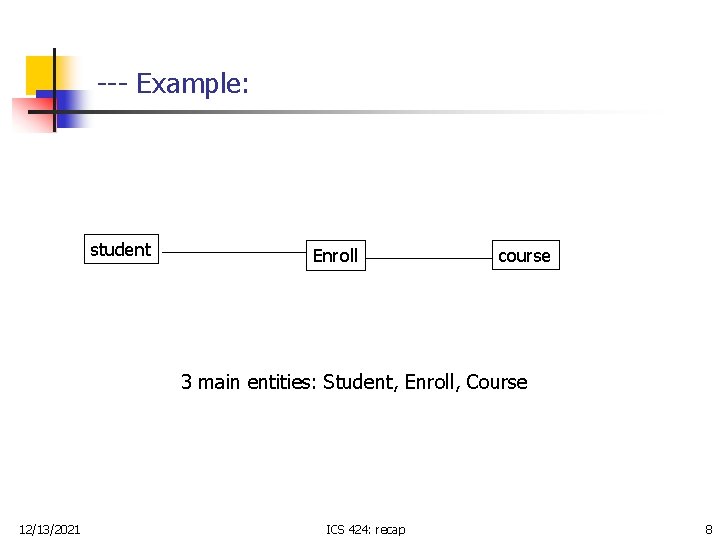 --- Example: student Enroll course 3 main entities: Student, Enroll, Course 12/13/2021 ICS 424: --- Example: student Enroll course 3 main entities: Student, Enroll, Course 12/13/2021 ICS 424: