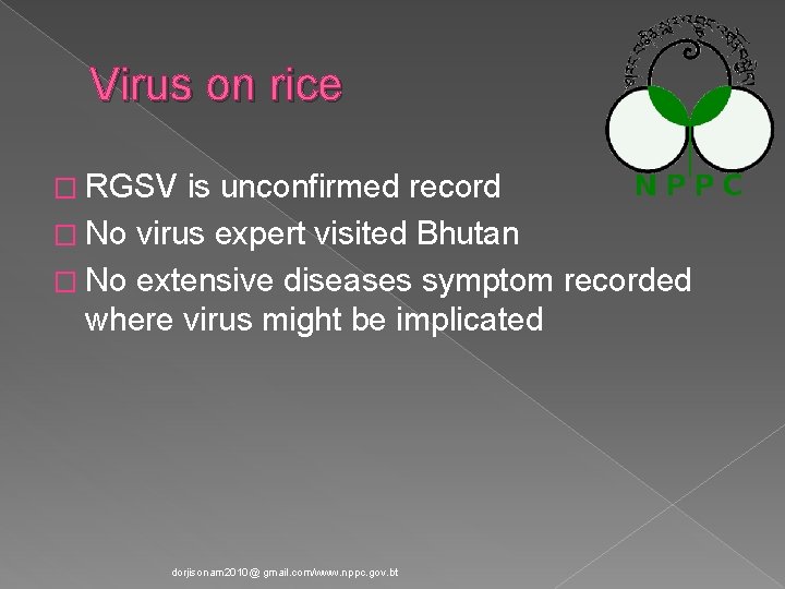 Virus on rice � RGSV is unconfirmed record � No virus expert visited Bhutan