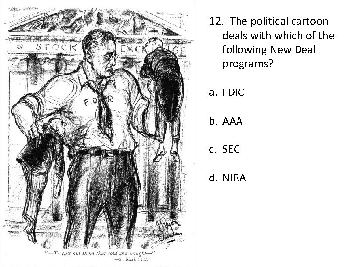 12. The political cartoon deals with which of the following New Deal programs? a.