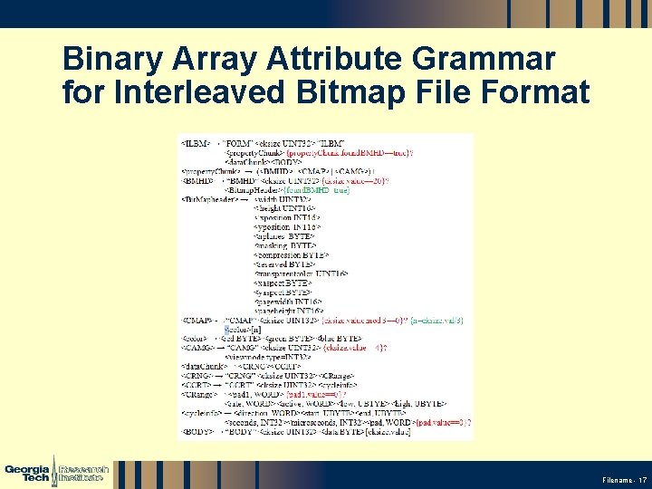 Binary Array Attribute Grammar for Interleaved Bitmap File Format GTRI_B-17 Filename - 17 