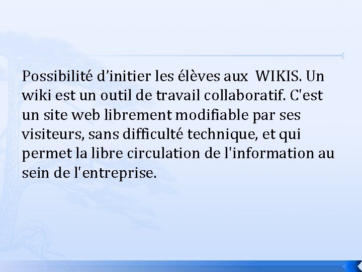 Possibilité d’initier les élèves aux WIKIS. Un wiki est un outil de travail collaboratif.