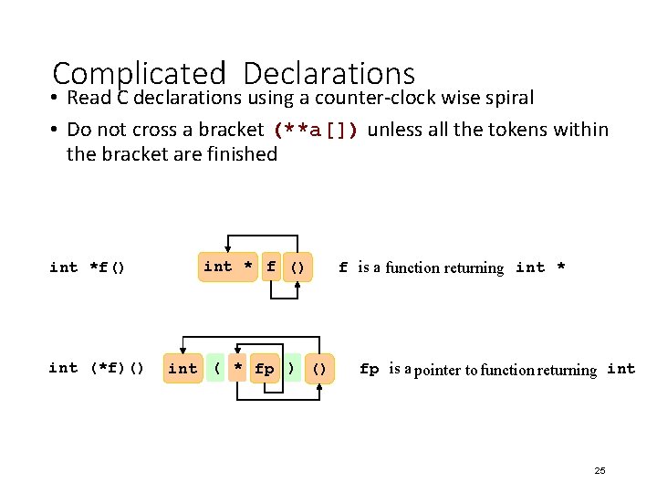 Complicated Declarations • Read C declarations using a counter-clock wise spiral • Do not