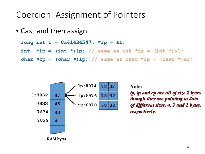 Coercion: Assignment of Pointers • Cast and then assign long int l = 0