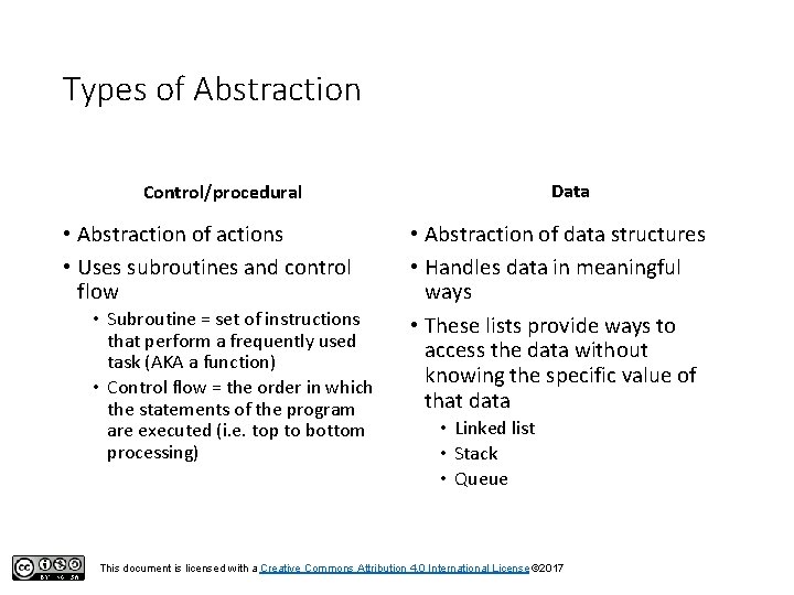 Types of Abstraction Data Control/procedural • Abstraction of actions • Uses subroutines and control