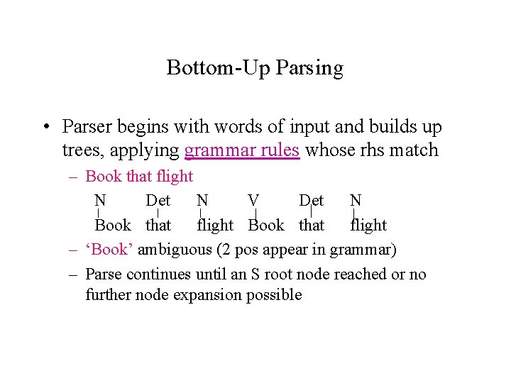 Bottom-Up Parsing • Parser begins with words of input and builds up trees, applying