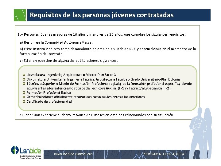 Requisitos de las personas jóvenes contratadas 1. – Personas jóvenes mayores de 16 años