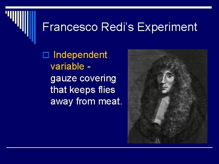 Francesco Redi’s Experiment o Independent variable gauze covering that keeps flies away from meat.