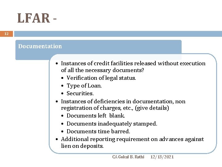 LFAR 12 Documentation • Instances of credit facilities released without execution of all the