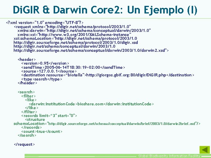 Di. GIR & Darwin Core 2: Un Ejemplo (I) <? xml version="1. 0" encoding="UTF-8"?