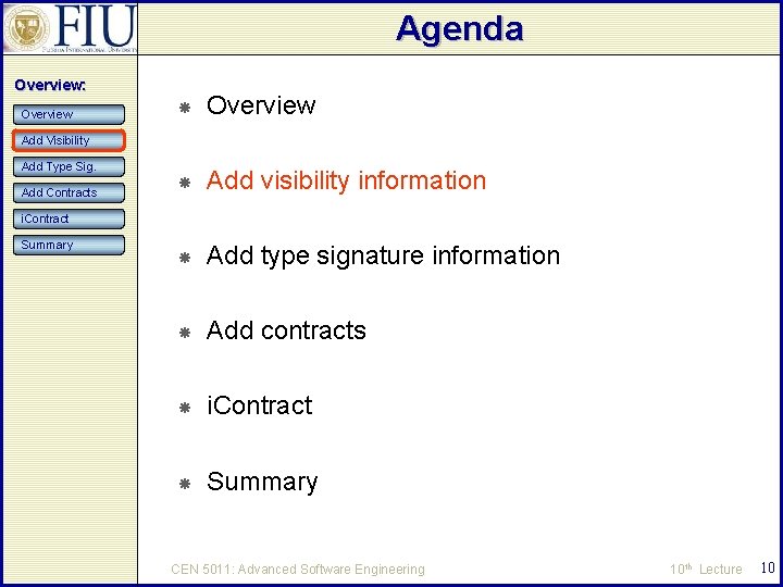 Agenda Overview: Overview Add visibility information Add type signature information Add contracts i. Contract