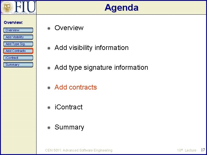 Agenda Overview: Overview Add visibility information Add type signature information Add contracts i. Contract