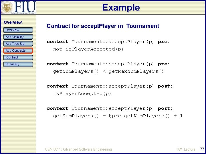 Example Overview: Overview Contract for accept. Player in Tournament Add Visibility Add Type Sig.