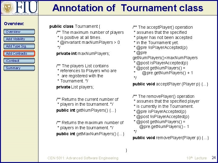 Annotation of Tournament class Overview: Overview Add Visibility Add Type Sig. Add Contracts public