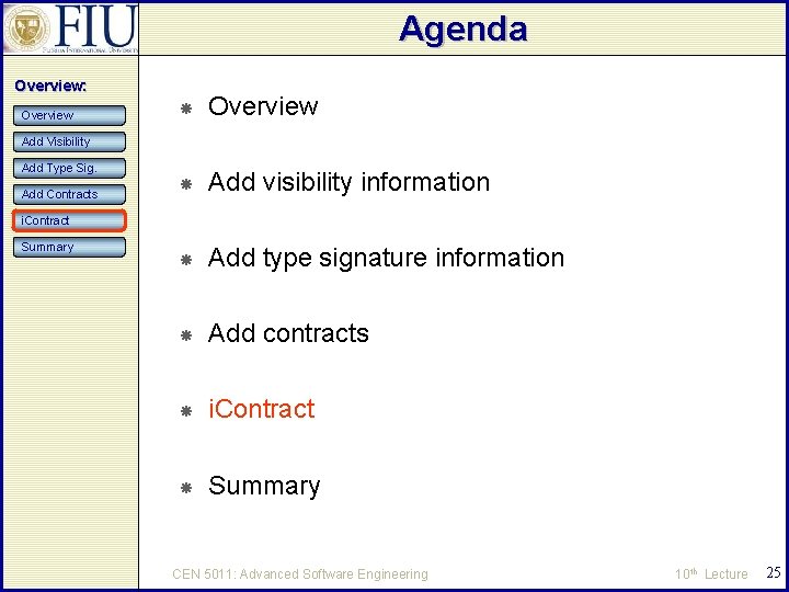 Agenda Overview: Overview Add visibility information Add type signature information Add contracts i. Contract