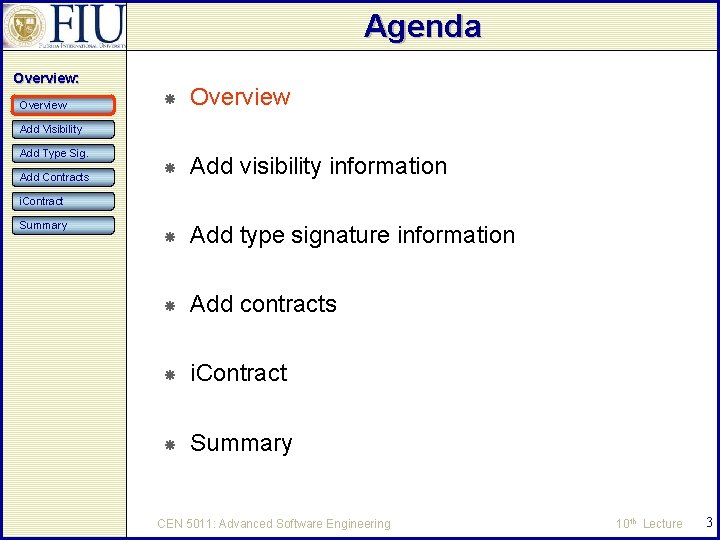 Agenda Overview: Overview Add visibility information Add type signature information Add contracts i. Contract