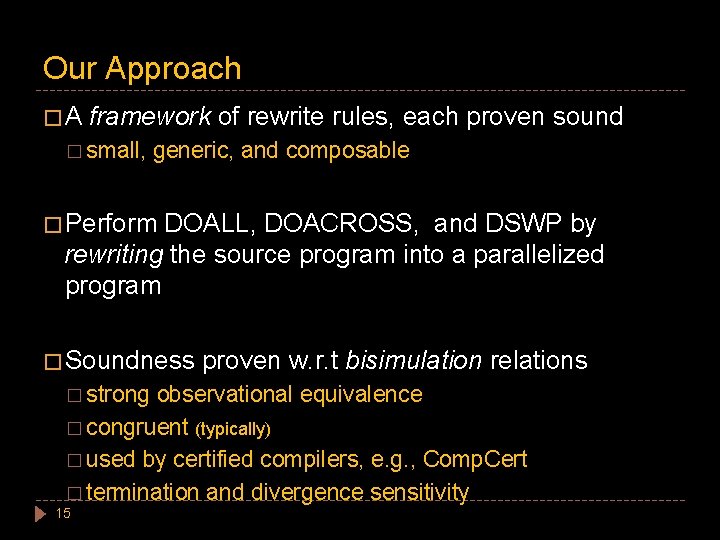 Our Approach �A framework of rewrite rules, each proven sound � small, generic, and