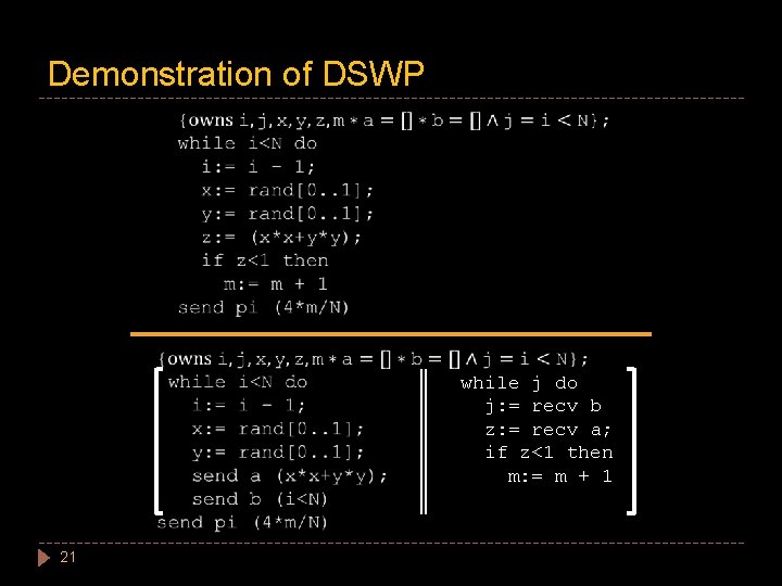 Demonstration of DSWP while j do j: = recv b z: = recv a;