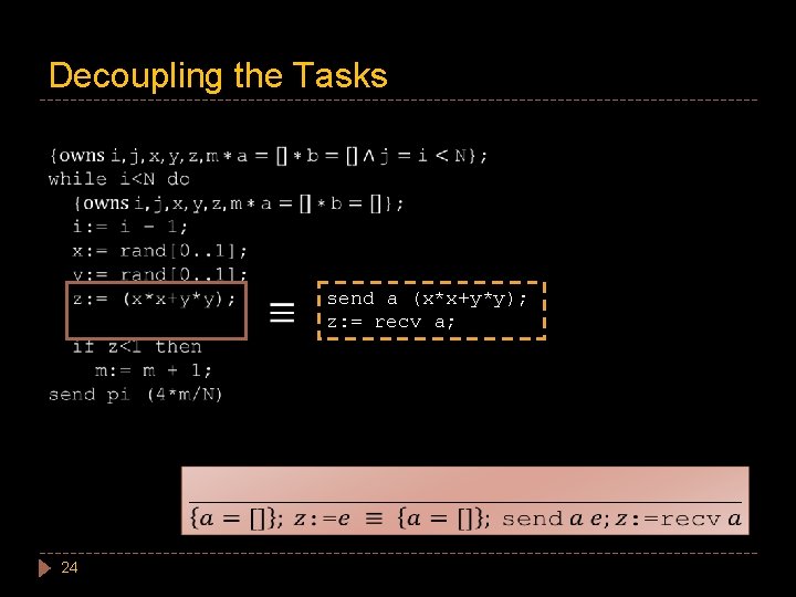 Decoupling the Tasks send a (x*x+y*y); z: = recv a; 24 
