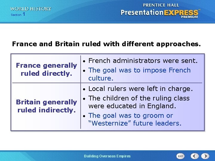 Section 1 France and Britain ruled with different approaches. French administrators were sent. France