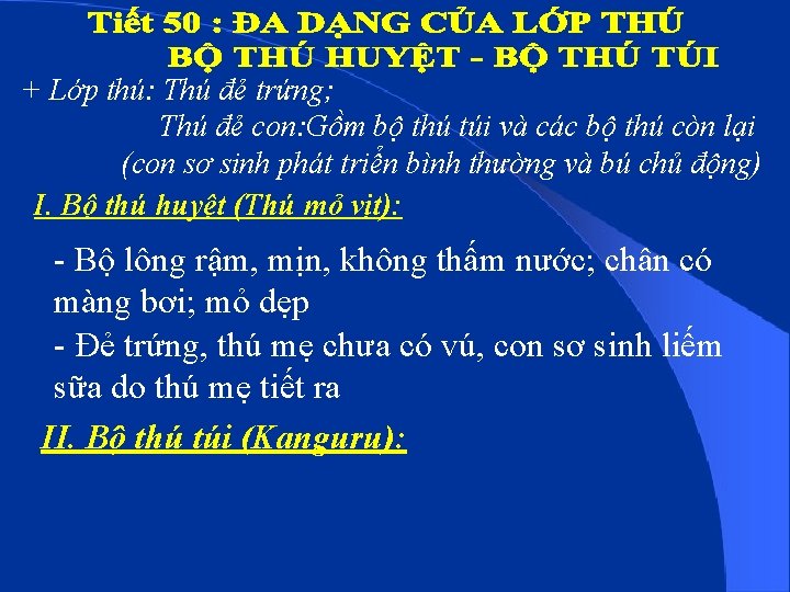 + Lớp thú: Thú đẻ trứng; Thú đẻ con: Gồm bộ thú túi và