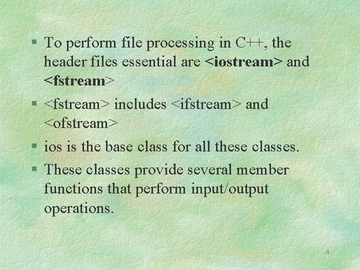 To perform file processing in C++, the header files essential are <iostream> and To perform file processing in C++, the header files essential are <iostream> and