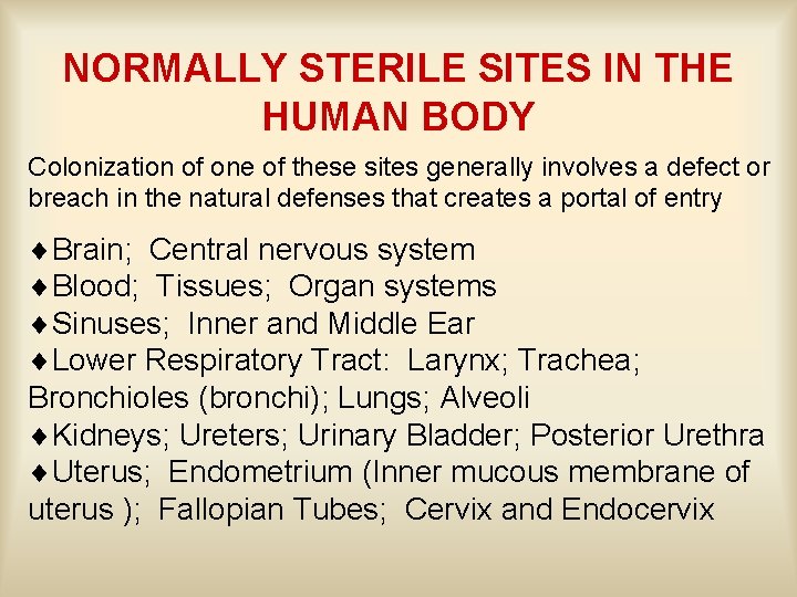 NORMALLY STERILE SITES IN THE HUMAN BODY Colonization of one of these sites generally