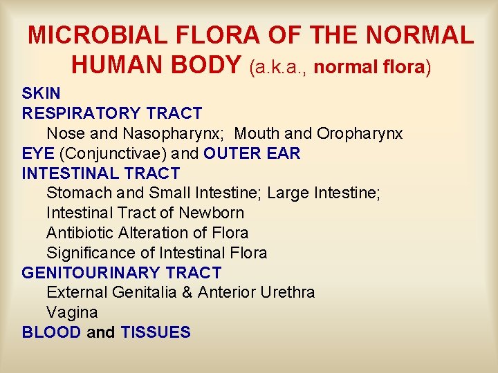 MICROBIAL FLORA OF THE NORMAL HUMAN BODY (a. k. a. , normal flora) SKIN