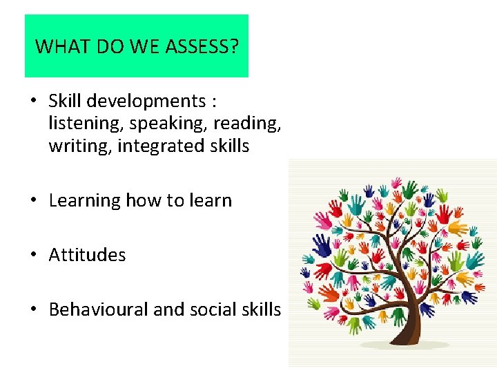 WHAT DO WE ASSESS? • Skill developments : listening, speaking, reading, writing, integrated skills