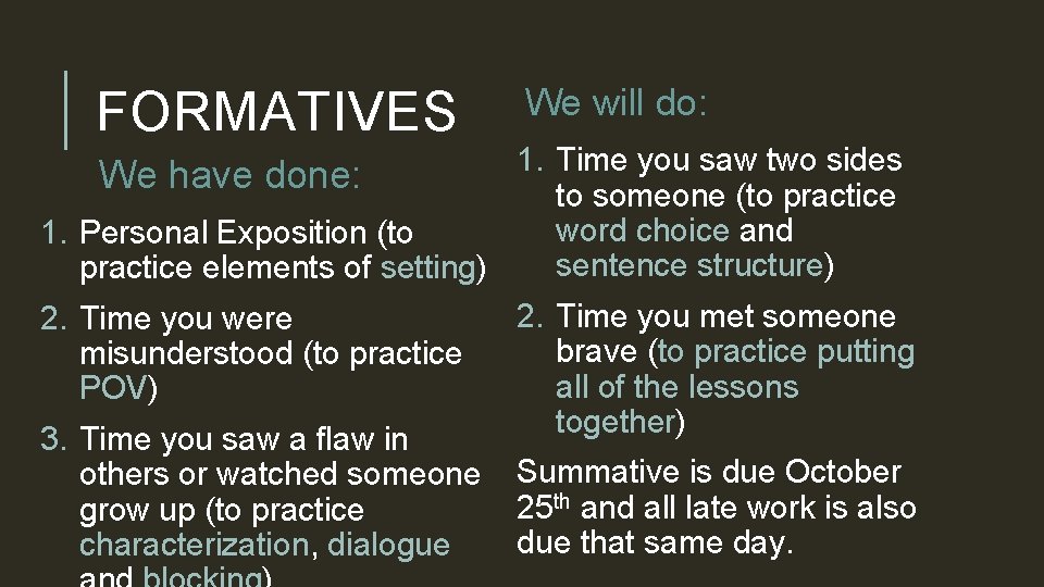 FORMATIVES We will do: 1. Time you saw two sides We have done: to
