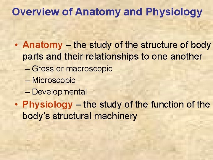 Overview of Anatomy and Physiology • Anatomy – the study of the structure of