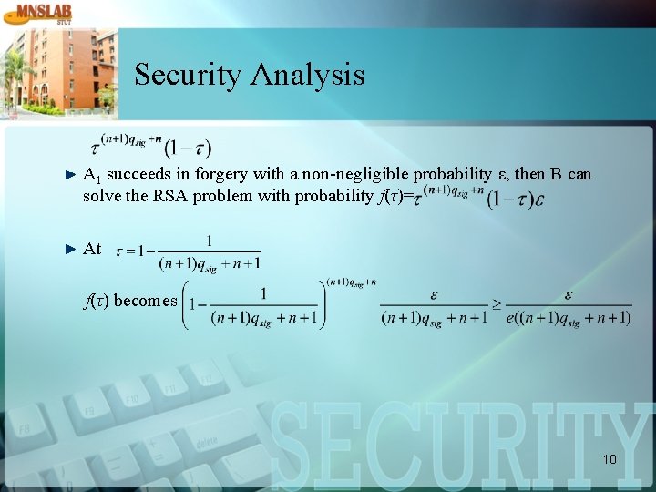 Security Analysis A 1 succeeds in forgery with a non-negligible probability ε, then B