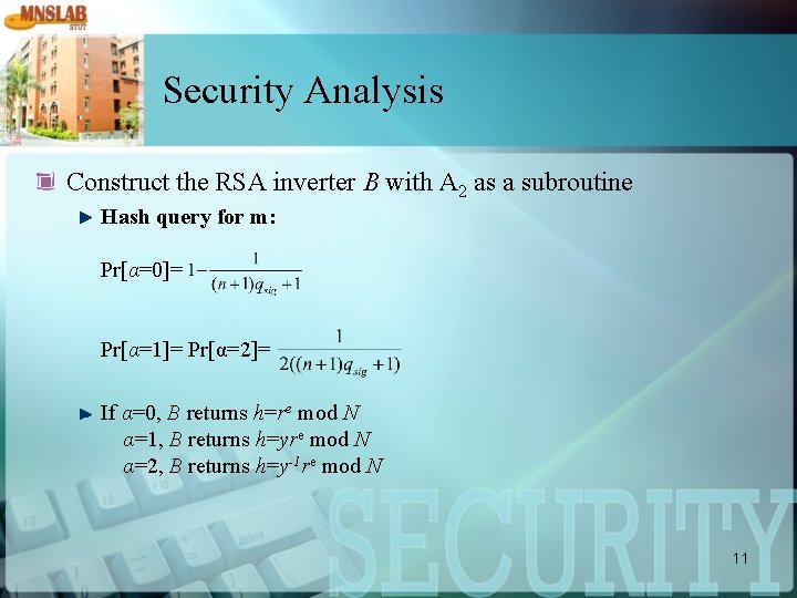 Security Analysis Construct the RSA inverter B with A 2 as a subroutine Hash