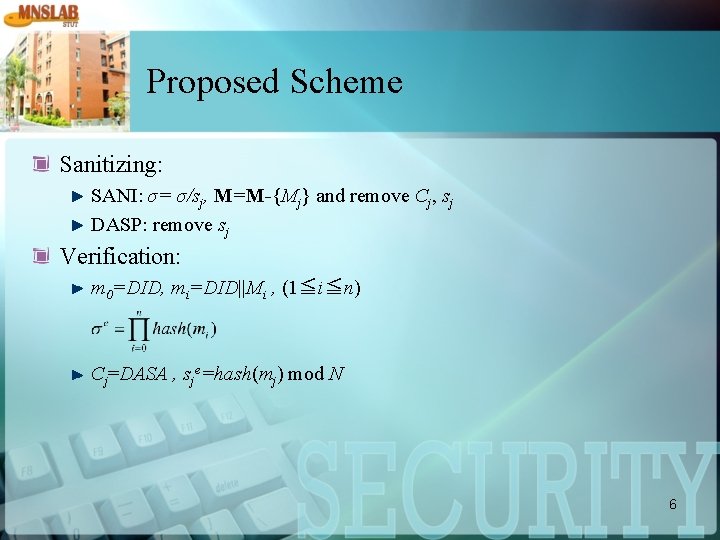 Proposed Scheme Sanitizing: SANI: σ= σ/sj, M=M-{Mj} and remove Cj, sj DASP: remove sj