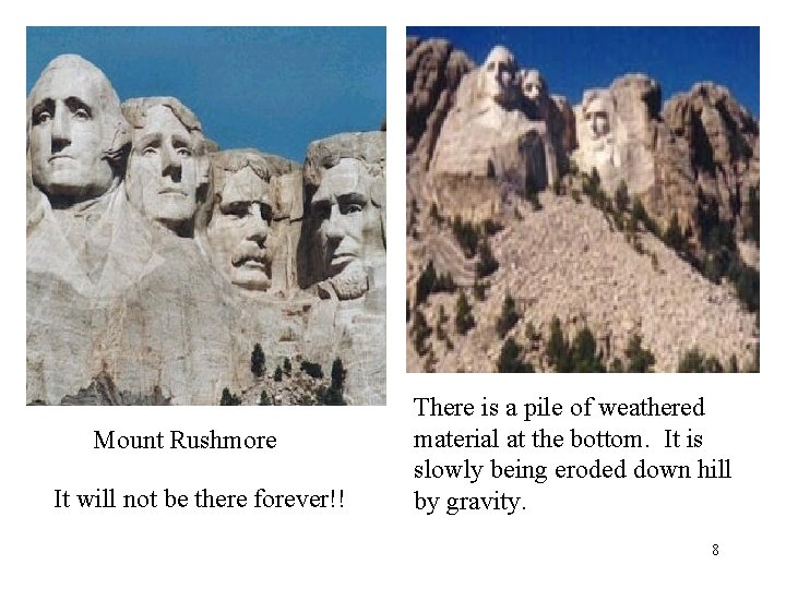 Mount Rushmore It will not be there forever!! There is a pile of weathered