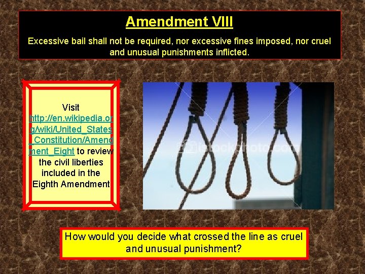 Amendment VIII Excessive bail shall not be required, nor excessive fines imposed, nor cruel