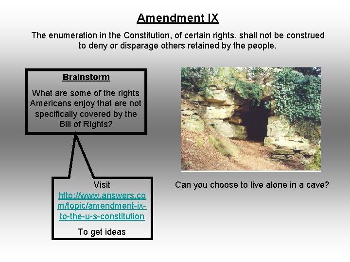 Amendment IX The enumeration in the Constitution, of certain rights, shall not be construed