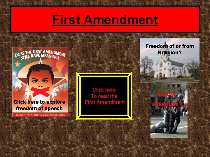 First Amendment Freedom of or from Religion? Click here to explore freedom of speech