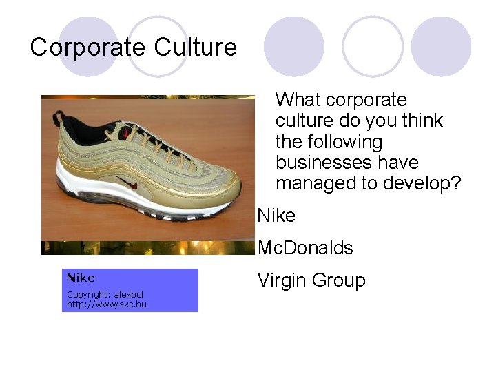 Corporate Culture What corporate culture do you think the following businesses have managed to