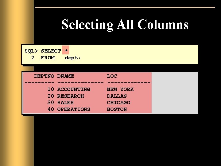 Selecting All Columns SQL> SELECT * 2 FROM dept; DEPTNO ----10 20 30 40 Selecting All Columns SQL> SELECT * 2 FROM dept; DEPTNO ----10 20 30 40
