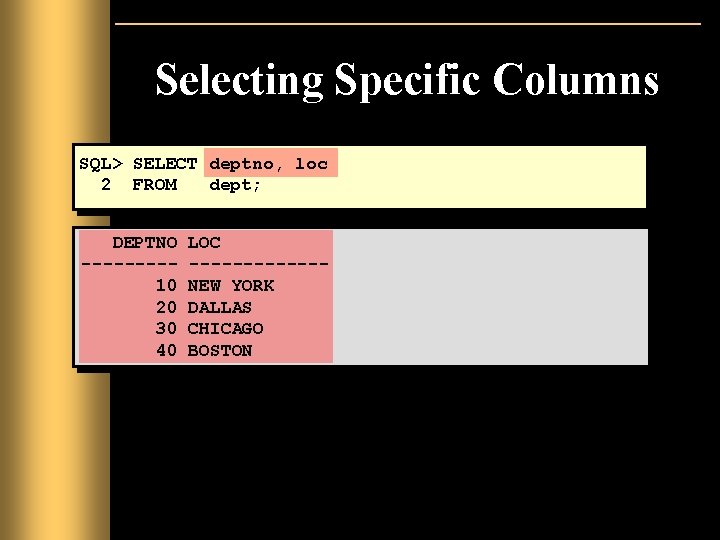 Selecting Specific Columns SQL> SELECT deptno, loc 2 FROM dept; DEPTNO ----10 20 30 Selecting Specific Columns SQL> SELECT deptno, loc 2 FROM dept; DEPTNO ----10 20 30