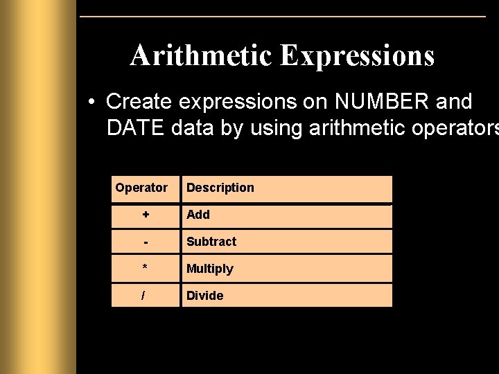 Arithmetic Expressions • Create expressions on NUMBER and DATE data by using arithmetic operators Arithmetic Expressions • Create expressions on NUMBER and DATE data by using arithmetic operators