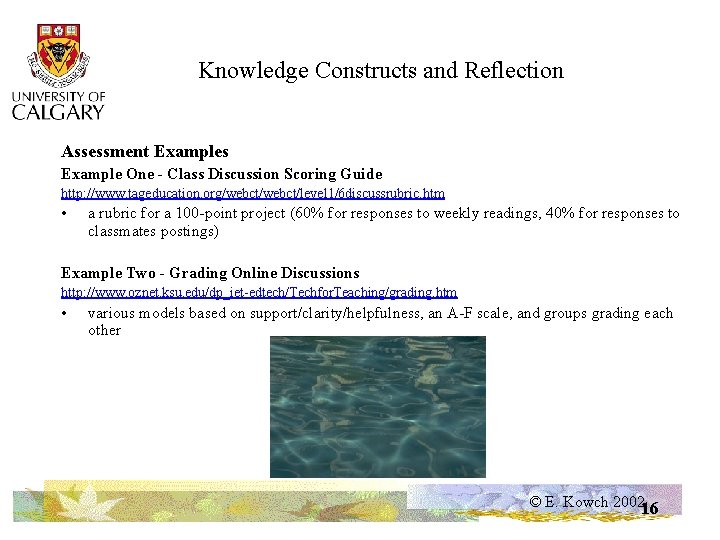 Knowledge Constructs and Reflection Assessment Examples Example One - Class Discussion Scoring Guide http: